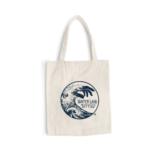 Shopper in cotone beige con logo classico Water Law Tattoo, stampato nei toni del blu scuro